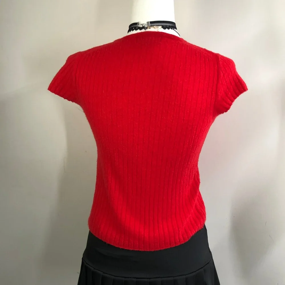 J Crew 100% Cashmere Short Sleeve Cherry Red Sweater Womens S Ribbed Crewneck